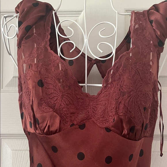 Polka Dot Lace-Trim Maxi Dress in Chestnut Brown - Picture 3 of 12